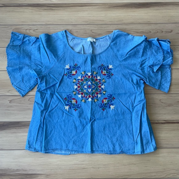 Umgee Tops - Umgee Embroidered‎ Blouse Tiered Flutter Sleeve